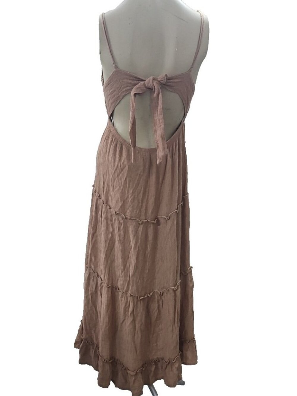 Love Tree Boho Maxi Dress L Beige Open Back Crochet Festival Beach Cottagecore - Picture 4 of 16